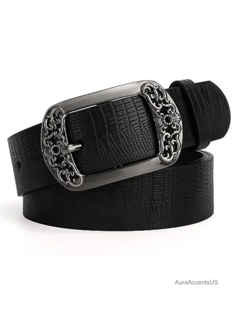 Vintage Flower Women's Faux Leather Belt with Buckle, Adjustable Waist Belt for